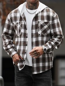 Manfinity Homme 男士雙口袋刷毛格紋長袖連帽羊毛混紡毛衣，正式街頭休閒風，適合辦公室、校園外及學校穿著，白色與棕色 - 彩色 - 查看 6