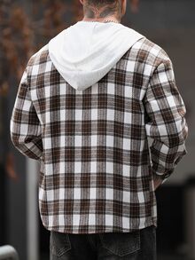 Manfinity Homme 男士雙口袋刷毛格紋長袖連帽羊毛混紡毛衣，正式街頭休閒風，適合辦公室、校園外及學校穿著，白色與棕色 - 彩色 - 查看 2
