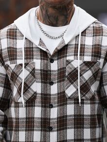Manfinity Homme 男士雙口袋刷毛格紋長袖連帽羊毛混紡毛衣，正式街頭休閒風，適合辦公室、校園外及學校穿著，白色與棕色 - 彩色 - 查看 7