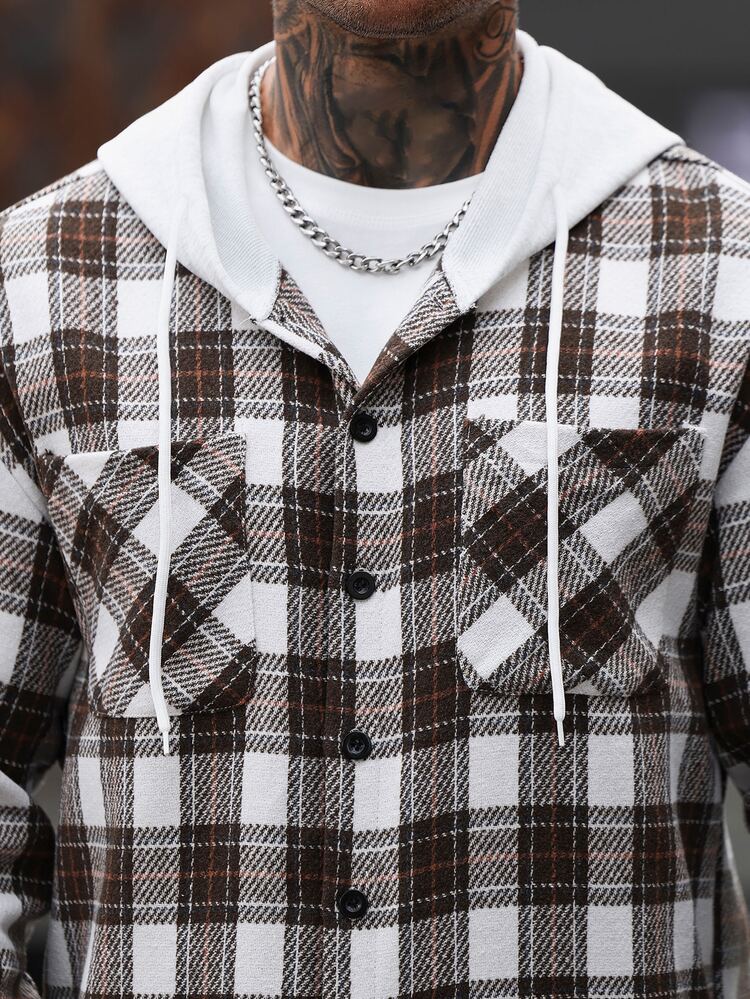 Manfinity Homme Men's Double Pocket Brushed Plaid Long Sleeve Hooded Wool Blend Sweater, Formal Streetwear Casual Occasions, Office Off Campus School White And Brown - Multicolor - View 7