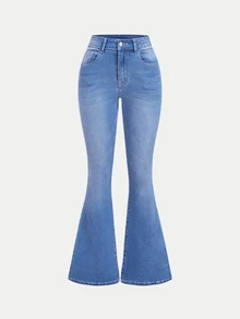 Selenza Petite High Waist Graphic Print Flare Leg Jeans - Blue - View 4
