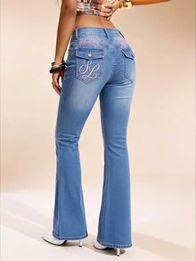 Selenza Petite High Waist Graphic Print Flare Leg Jeans - Blue - View 8