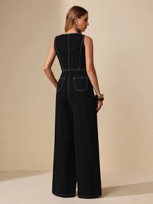 Selenza Women's Casual Denim Jumpsuit With Pockets For Daily Wear - Black - View 2