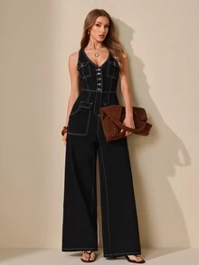Selenza Women's Casual Denim Jumpsuit With Pockets For Daily Wear - Black - View 1