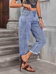 EMERY ROSE Jeans casuales de mujer con bolsillos sesgados, borde deshilachado y unicolor - Azul - Ver 11