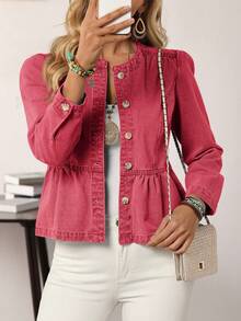 EMERY ROSE Women's Autumn Denim Jacket With Ruffle Hem And Single-Breasted Design - Red - View 1