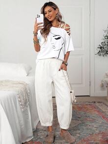 EMERY ROSE Women's Elastic Waist Pockets Harem Loose Fit Jeans - White - View 5