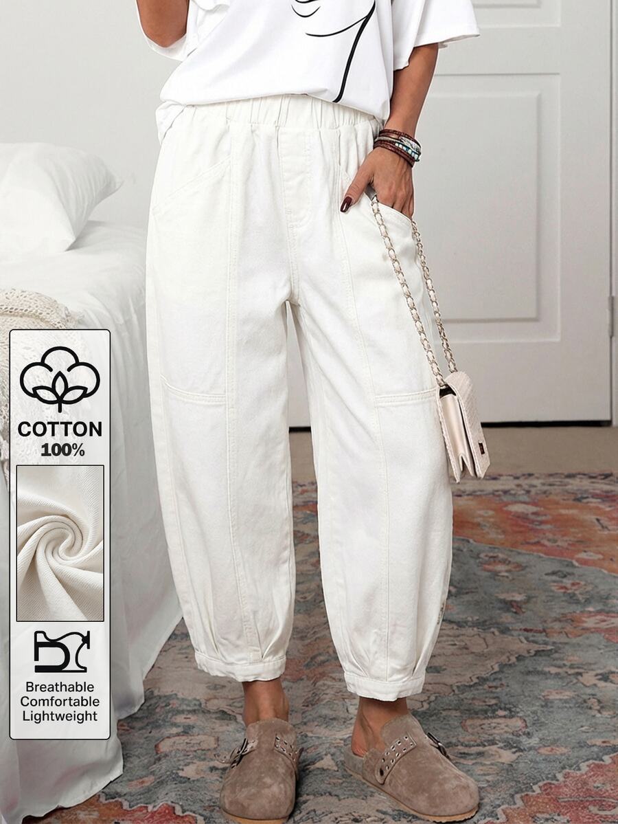 EMERY ROSE Women's Elastic Waist Pockets Harem Loose Fit Jeans - White - View 1