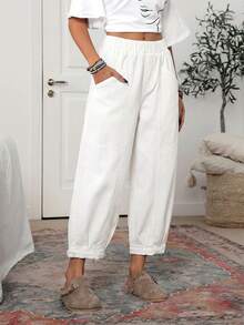 EMERY ROSE Women's Elastic Waist Pockets Harem Loose Fit Jeans - White - View 7