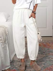 EMERY ROSE Women's Elastic Waist Pockets Harem Loose Fit Jeans - White - View 9