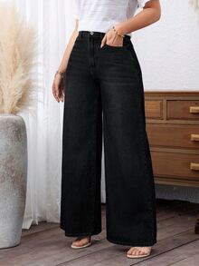 EMERY ROSE Casual Washed Wide Leg Jeans For Winter - Black - View 9