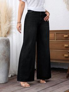 EMERY ROSE Casual Washed Wide Leg Jeans For Winter - Black - View 8