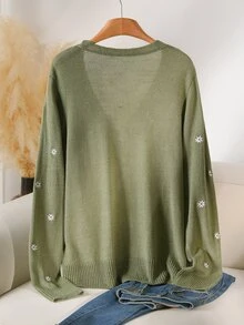 CosyJoli Plus Size Autumn Casual Cute Fairy Floral Embroidery Cardigan Formal Office Date Night Sage Green Winter - Green - View 3