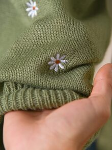CosyJoli Plus Size Autumn Casual Cute Fairy Floral Embroidery Cardigan Formal Office Date Night Sage Green Winter - Green - View 9