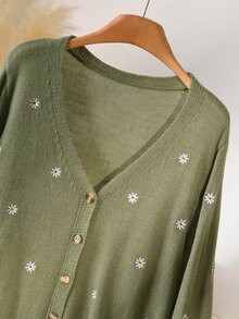 CosyJoli Plus Size Autumn Casual Cute Fairy Floral Embroidery Cardigan Formal Office Date Night Sage Green Winter - Green - View 8