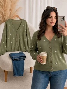 CosyJoli Plus Size Autumn Casual Cute Fairy Floral Embroidery Cardigan Formal Office Date Night Sage Green Winter - Green - View 4