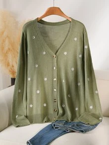CosyJoli Plus Size Autumn Casual Cute Fairy Floral Embroidery Cardigan Formal Office Date Night Sage Green Winter - Green - View 2