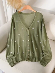 CosyJoli Plus Size Autumn Casual Cute Fairy Floral Embroidery Cardigan Formal Office Date Night Sage Green Winter - Green - View 5