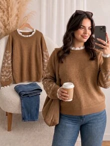CosyJoli Sweater Pullover Longgar Kasual Lengan Raglan Bordir Bunga Ukuran Plus untuk Wanita, Musim Gugur/Musim Dingin - Unta - View 2