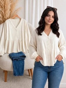 CosyJoli Plus Size Solid V-Neck Drop Shoulder Long Lantern Sleeve Casual Front Button Shirt Fall - Apricot - View 3