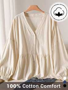 CosyJoli Plus Size Solid V-Neck Drop Shoulder Long Lantern Sleeve Casual Front Button Shirt Fall - Apricot - View 9