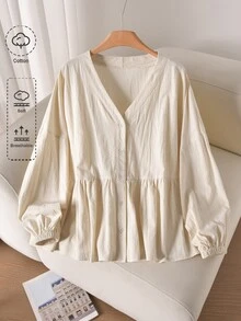 CosyJoli Plus Size Solid V-Neck Drop Shoulder Long Lantern Sleeve Casual Front Button Shirt Fall - Apricot - View 7