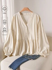 CosyJoli Plus Size Solid V-Neck Drop Shoulder Long Lantern Sleeve Casual Front Button Shirt Fall - Apricot - View 2