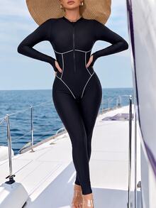 SHEIN Swim Women's Deep V-Neck Sexy Tight Fit Fitness Yoga Sports Jumpsuit - Black and White - View 4