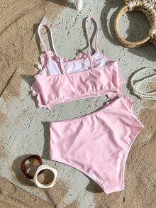 Swim Vcay Women's Summer Beach Hot Pink Solid Color 3D Flower Decorated Bikini Set Summer Two Pieces Set - Baby Pink - View 7