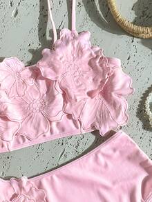 Swim Vcay Women's Summer Beach Hot Pink Solid Color 3D Flower Decorated Bikini Set Summer Two Pieces Set - Baby Pink - View 5