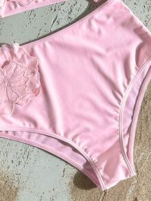 Swim Vcay Women's Summer Beach Hot Pink Solid Color 3D Flower Decorated Bikini Set Summer Two Pieces Set - Baby Pink - View 6