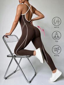 Slayform Slayform Celana Panjang Terusan Wanita Motif Garis-Garis Warna Blok, Model Ketat untuk Olahraga Luar Ruangan - Coffee Brown - View 2