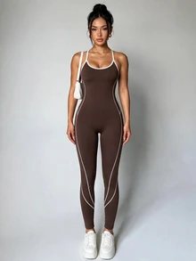 Slayform Slayform Celana Panjang Terusan Wanita Motif Garis-Garis Warna Blok, Model Ketat untuk Olahraga Luar Ruangan - Coffee Brown - View 3