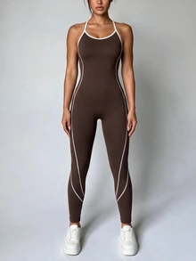 Slayform Slayform Celana Panjang Terusan Wanita Motif Garis-Garis Warna Blok, Model Ketat untuk Olahraga Luar Ruangan - Coffee Brown - View 4
