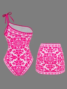 SHEIN Swim 2026新款性感连体泳衣女款，涤纶印花度假沙滩裙两件套 - 彩色 - 查看 2