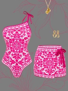 SHEIN Swim 2026新款性感连体泳衣女款，涤纶印花度假沙滩裙两件套 - 彩色 - 查看 3
