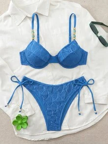 Swim Chiccia 26SS Spring/Summer Vacation Beach Textured Fabric Green Underwire Push-Up Swimwear Two Pieces Set - Blue - View 2