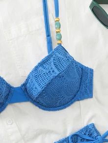 Swim Chiccia 26SS Spring/Summer Vacation Beach Textured Fabric Green Underwire Push-Up Swimwear Two Pieces Set - Blue - View 4