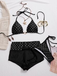 SHEIN Swim 26SS 白色配黑色波點 夏季 90年代 風格 海灘派對 度假 熱帶掛脖比基尼套裝附短褲 3件式泳裝 泳池度假 - 黑與白 - 查看 5