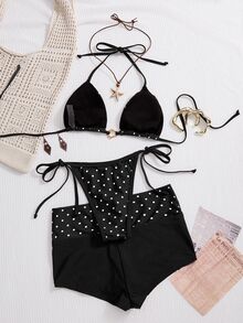 SHEIN Swim 26SS 白色配黑色波點 夏季 90年代 風格 海灘派對 度假 熱帶掛脖比基尼套裝附短褲 3件式泳裝 泳池度假 - 黑與白 - 查看 3