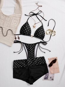 SHEIN Swim 26SS 白色配黑色波點 夏季 90年代 風格 海灘派對 度假 熱帶掛脖比基尼套裝附短褲 3件式泳裝 泳池度假 - 黑與白 - 查看 4