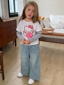 HELLO KITTY | DAZY Straight Leg Rhinestone KT Cat Pattern Long Pants Autumn Young Girls Jeans - Blue - View 8