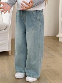 HELLO KITTY | DAZY Straight Leg Rhinestone KT Cat Pattern Long Pants Autumn Young Girls Jeans - Blue - View 1