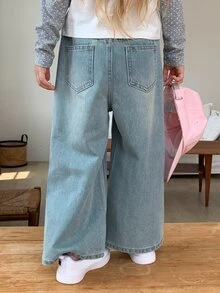 HELLO KITTY | DAZY Straight Leg Rhinestone KT Cat Pattern Long Pants Autumn Young Girls Jeans - Blue - View 4