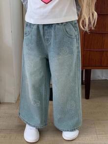 HELLO KITTY | DAZY Straight Leg Rhinestone KT Cat Pattern Long Pants Autumn Young Girls Jeans - Blue - View 5