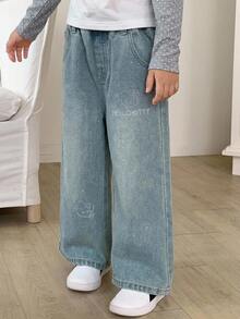 HELLO KITTY | DAZY Straight Leg Rhinestone KT Cat Pattern Long Pants Autumn Young Girls Jeans - Blue - View 2