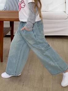 HELLO KITTY | DAZY Straight Leg Rhinestone KT Cat Pattern Long Pants Autumn Young Girls Jeans - Blue - View 6