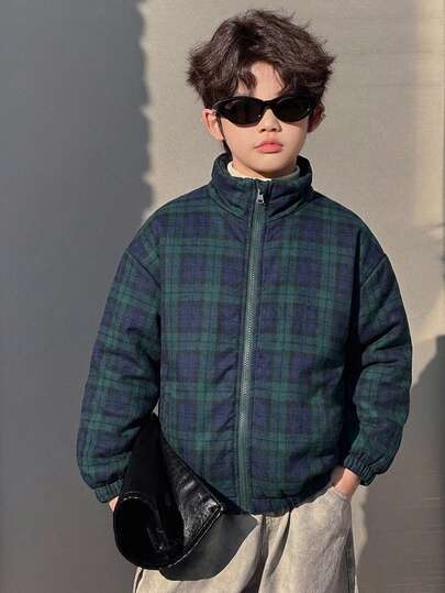 Dazy Kids Plaid Collar Thick Autumn/Winter Jacket Cool Tween Boy Cotton Padded