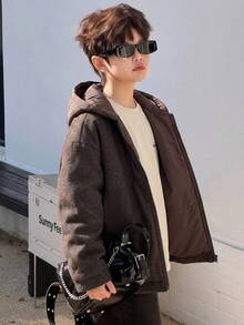 Dazy Kids Tween Boy Solid Color Hooded Casual Versatile Winter Travel Padded Coat Fall - Brown - View 1