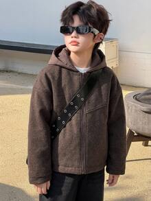 Dazy Kids Tween Boy Solid Color Hooded Casual Versatile Winter Travel Padded Coat Fall - Brown - View 3